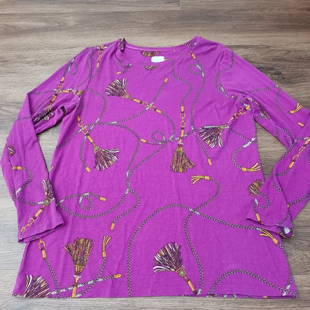 Chico's Size 1 Long Sleeve Equestrian Chain Print Shirt Purple Gold Medium